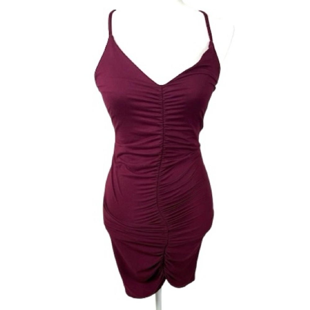 Capella Spaghetti Strap Ruched Burgundy Bodycon Mini Dress size L